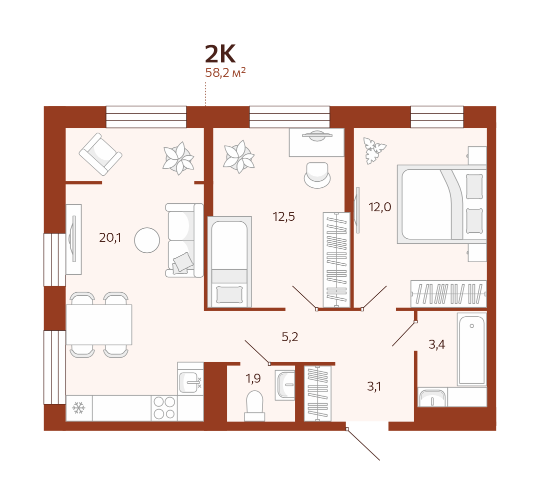 2-комнатная №129 площадью 58.2 м² в ЖК Новатор на 2 этаже